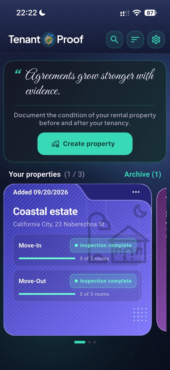 TenantProof property overview screen